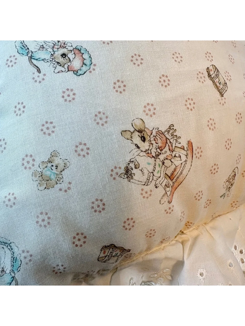 Vintage Nursery Pillow Mice Rocking Horse Eyelet Lace Ruffle Cottagecore Gift